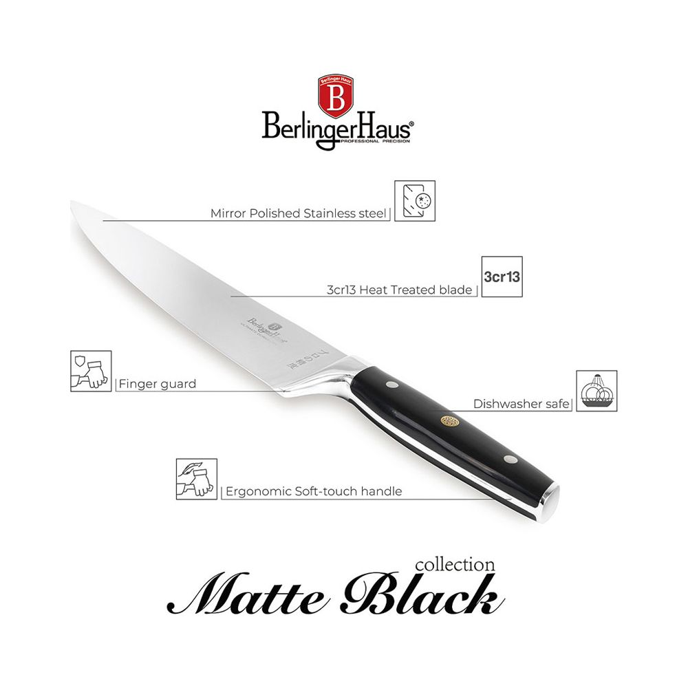 Berlinger Haus Kochmesser mit Edelstahlklinge und schwarzem Griff, mit Merkmalen wie Fingerschutz und Spülmaschinenfestigkeit.