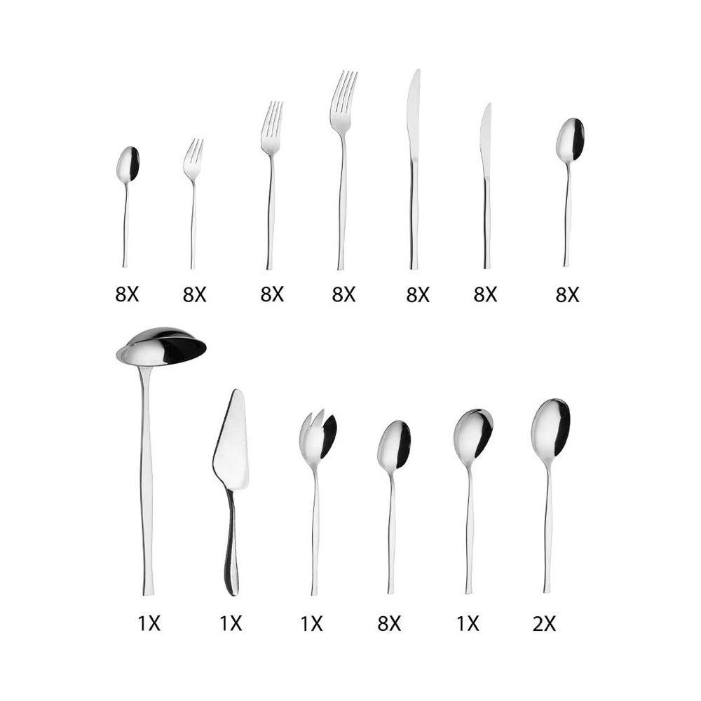 Ensemble de couverts en argent avec diverses cuillères, fourchettes et couteaux avec des étiquettes.
