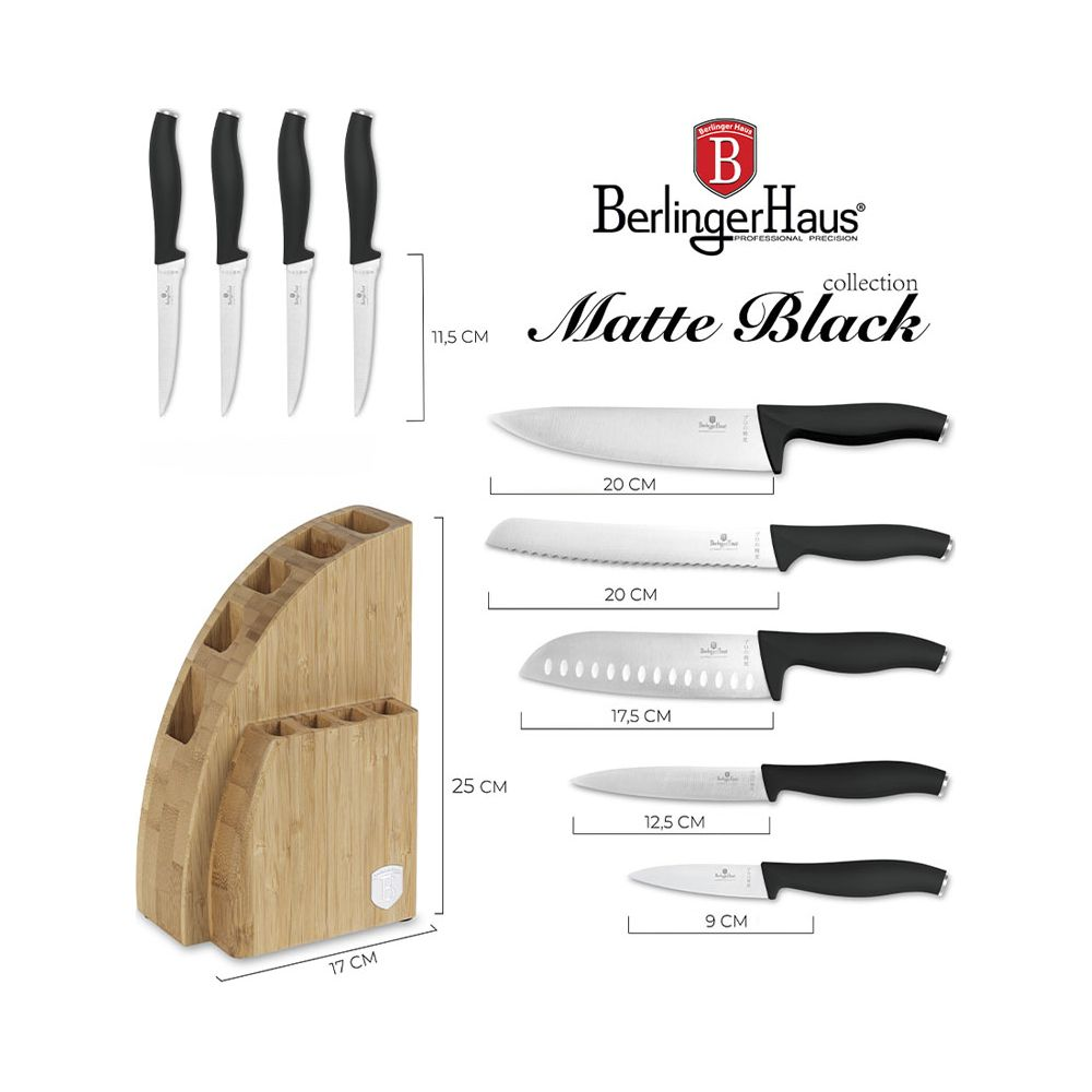 Set de couteaux noir mat Berlinger Haus avec bloc en bois et dimensions.