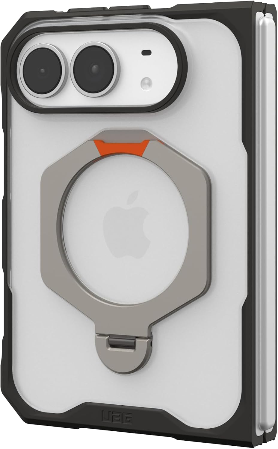 Ein Smartphone in robuster schwarzer Hülle mit klarer Rückseite und sechseckigem silbernem Ringständer.