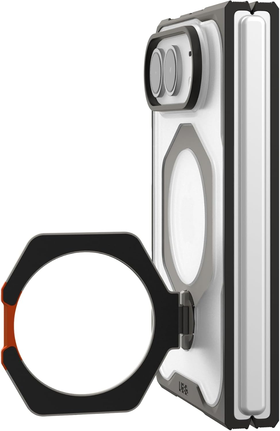 Eine Schutzhülle für ein Smartphone mit integriertem runden Ständer auf der Rückseite.