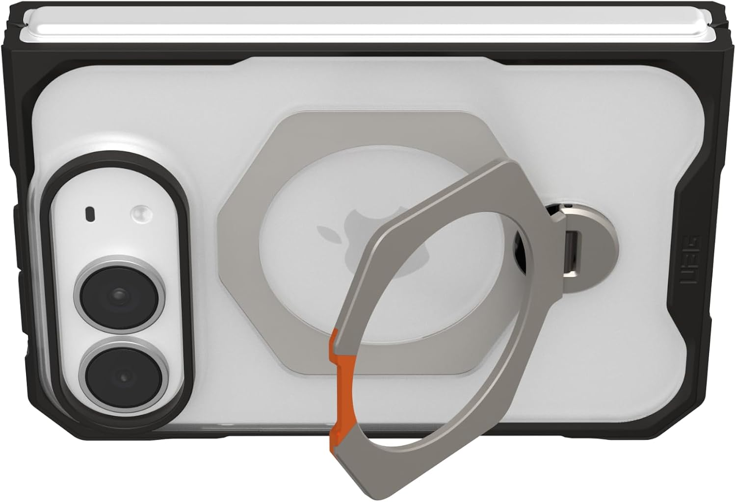 Smartphone in einer Schutzhülle mit integriertem MagSafe-Ring und Ständer auf der Rückseite.