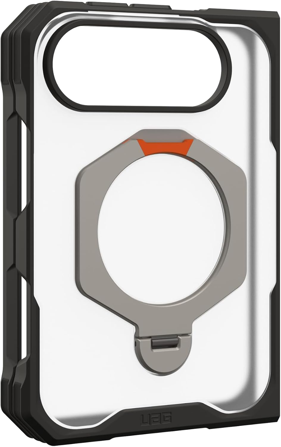 Strapazierfähige, durchsichtige Smartphone-Hülle mit schwarzem Rahmen und grauem, integriertem Ringständer auf der Rückseite.