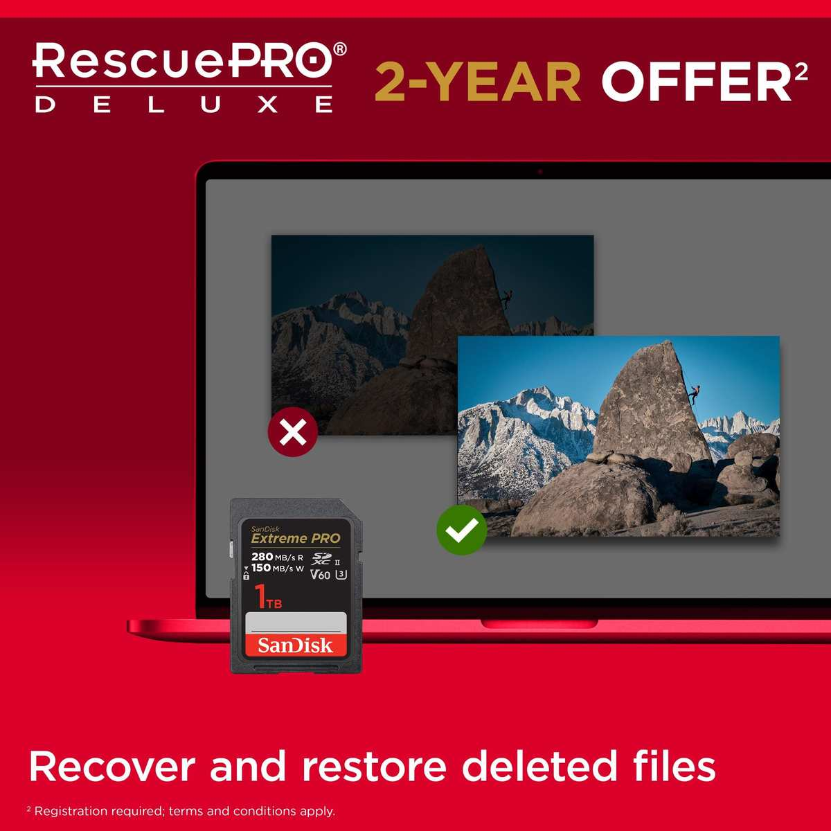 Pubblicità RescuePRO Deluxe con sfondo rosso, laptop, scheda SD SanDisk da 1 TB e recupero foto.