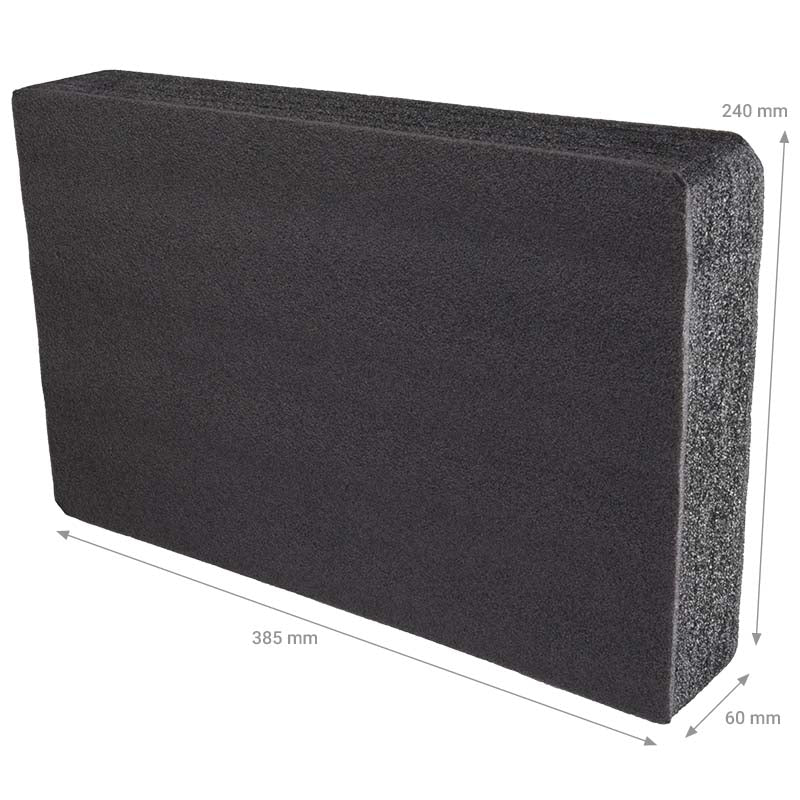 Ein rechteckiger, schwarzer Schaumstoffblock mit Maßangaben von 385 mm Länge, 240 mm Höhe und 60 mm Dicke.