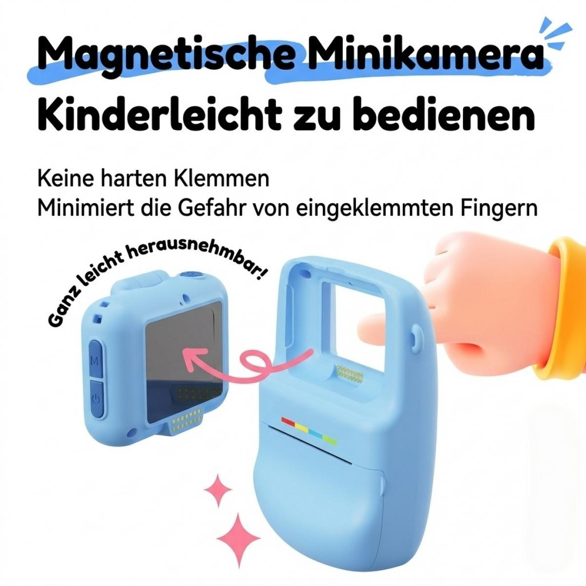Blaue magnetische Minikamera für Kinder mit leicht abnehmbarem Gehäuse und deutscher Textwerbung.
