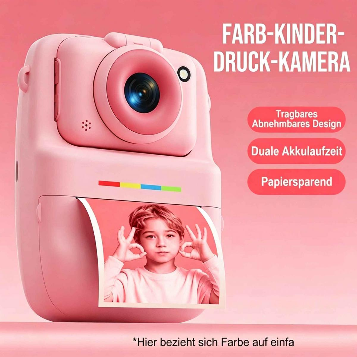 Eine rosa Kinder-Sofortbildkamera druckt das Foto eines Jungen vor rosa Hintergrund.