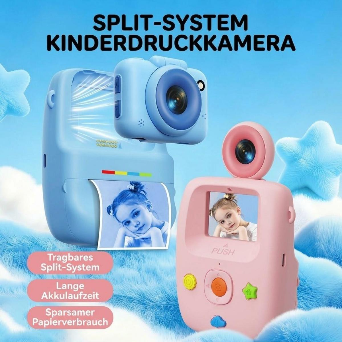 Blaue und rosa Split-System Kinderdruckkameras auf blauem Hintergrund mit gedruckten Fotos.