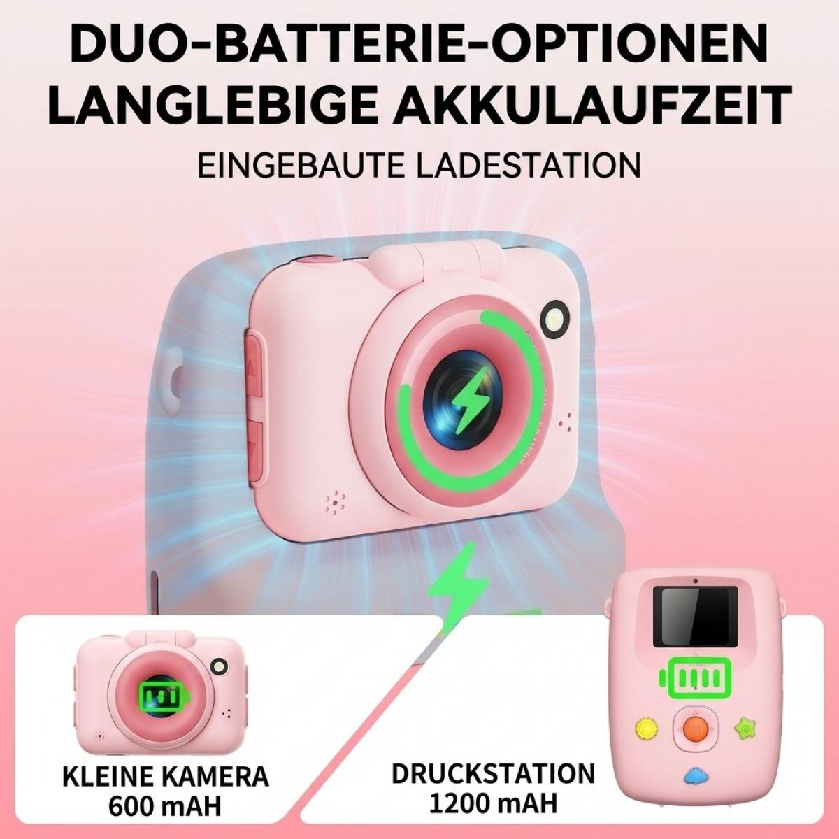 Rosa Kinderkamera mit Dual-Akku und Ladestation, zeigt Akkukapazität und Funktionen.