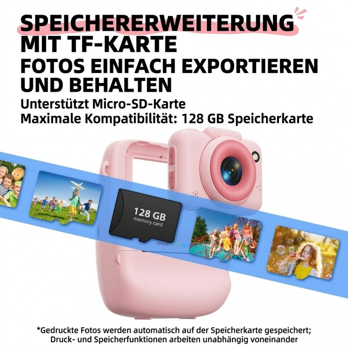 Rosa Kinderkamera mit einer 128-GB-Speicherkarte und gedruckten Fotos auf einem blauen Band.