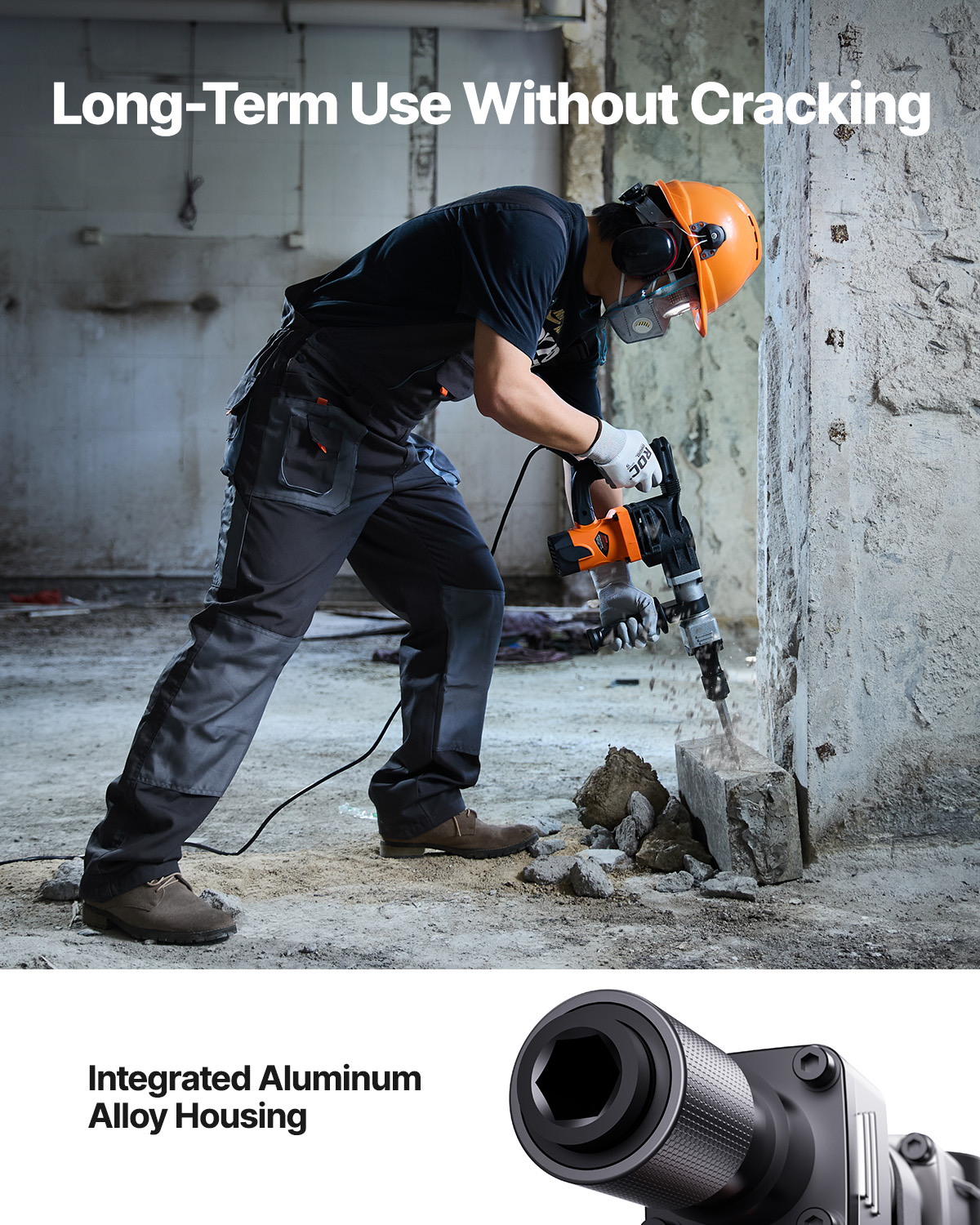 Un trabajador con casco y equipo de seguridad usa un martillo perforador en una pared de concreto.