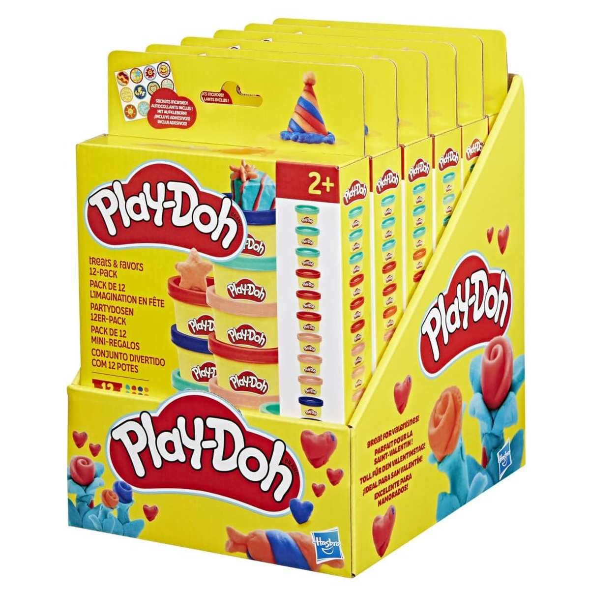 Expositor amarillo de Play-Doh con un paquete de doce para San Valentín.
