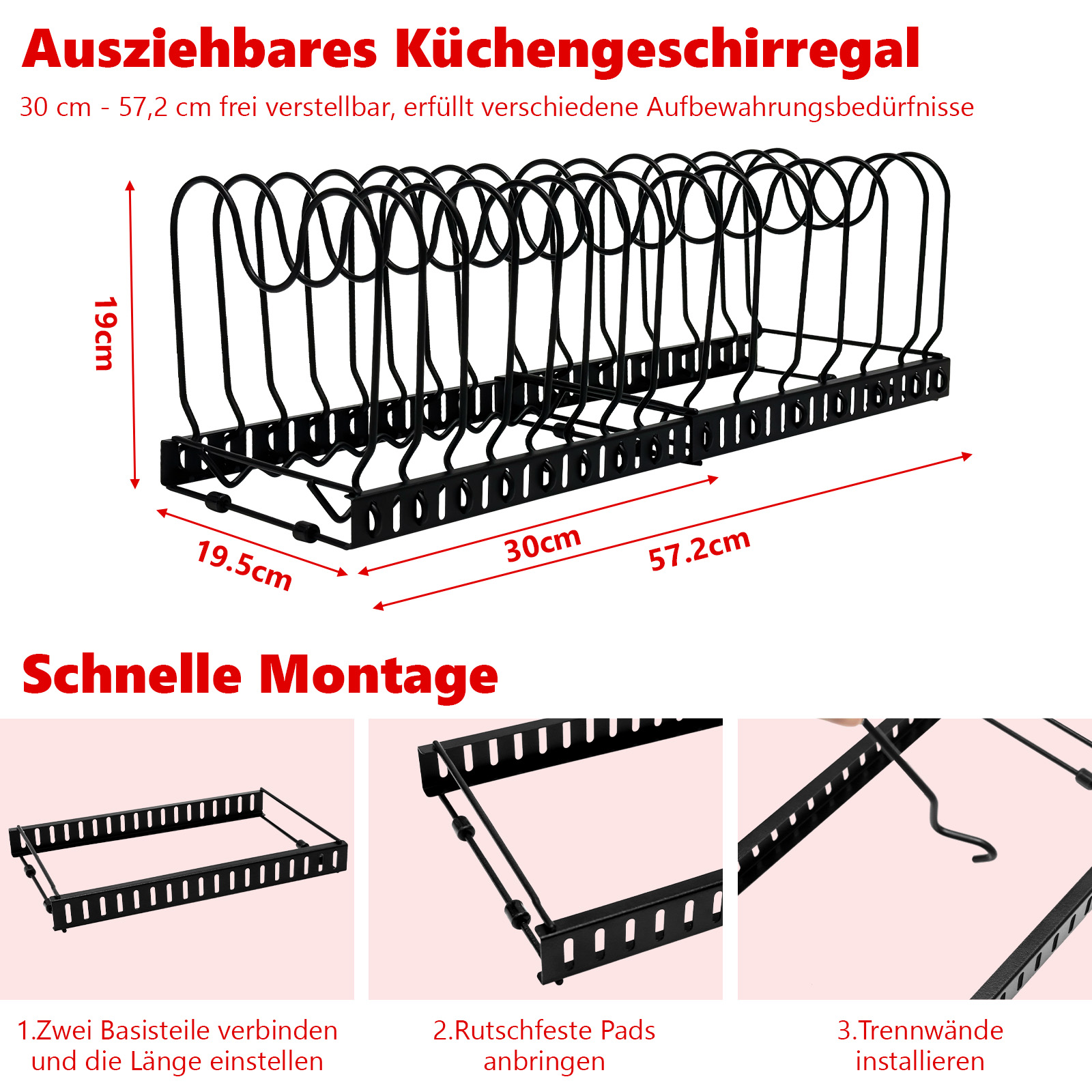 Schwarzes, ausziehbares Küchengeschirrregal mit Maßen und Montageschritten.