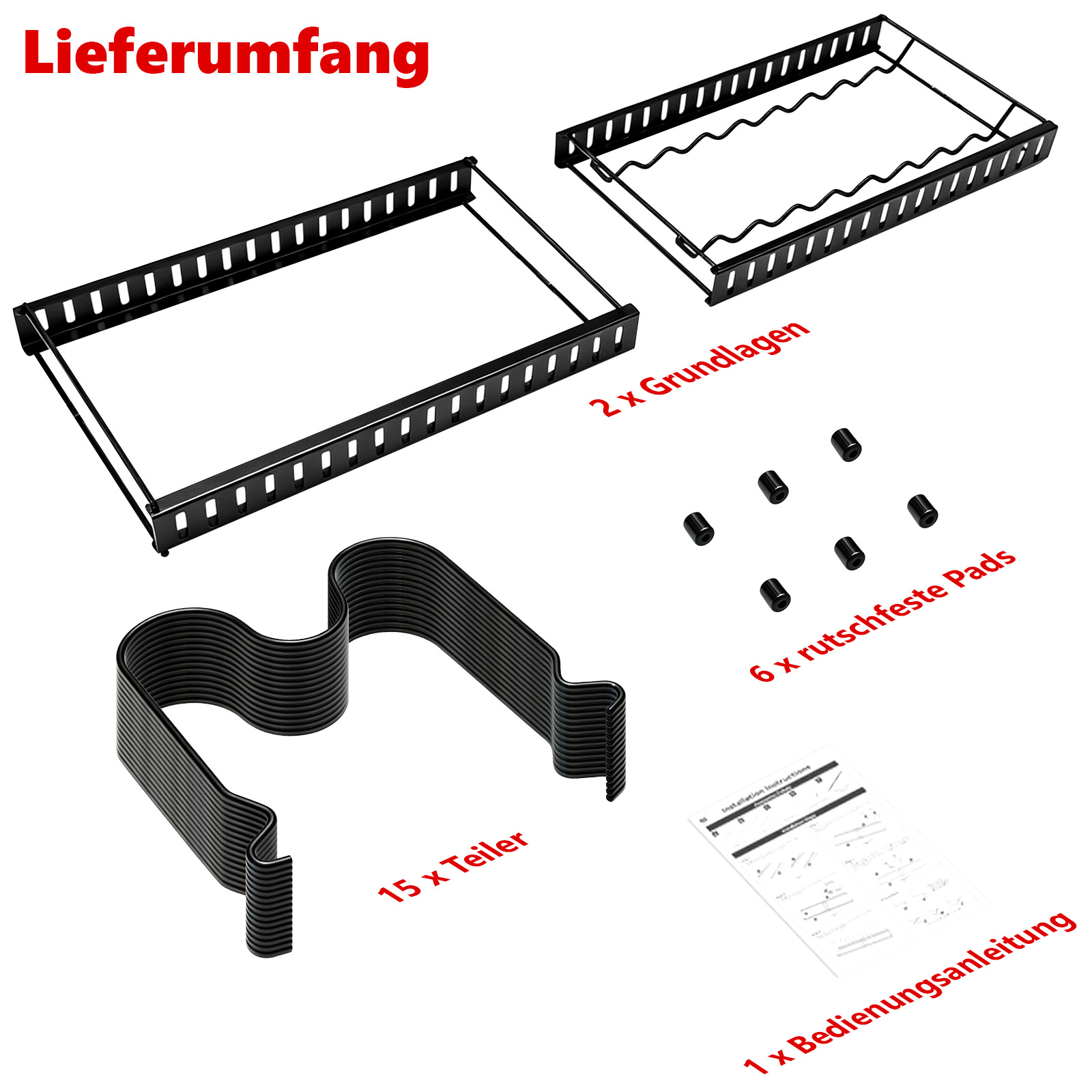 Lieferumfang: 2 Metallrahmen, 15 Teiler, 6 rutschfeste Pads und 1 Bedienungsanleitung.