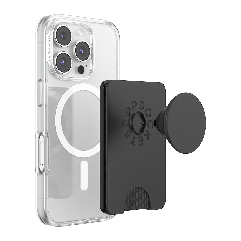 Funda transparente con billetera negra y PopSocket desplegado sobre fondo blanco.