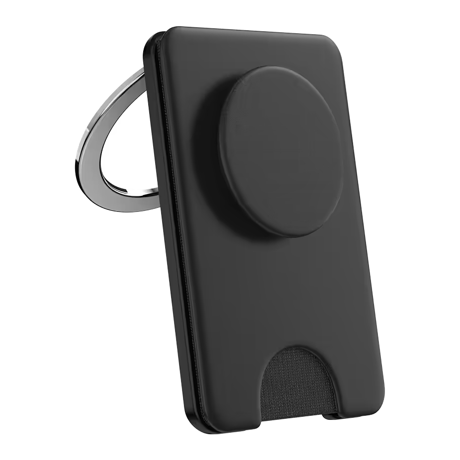 Una billetera negra para smartphone con un soporte redondo y un anillo plateado sobre fondo blanco.