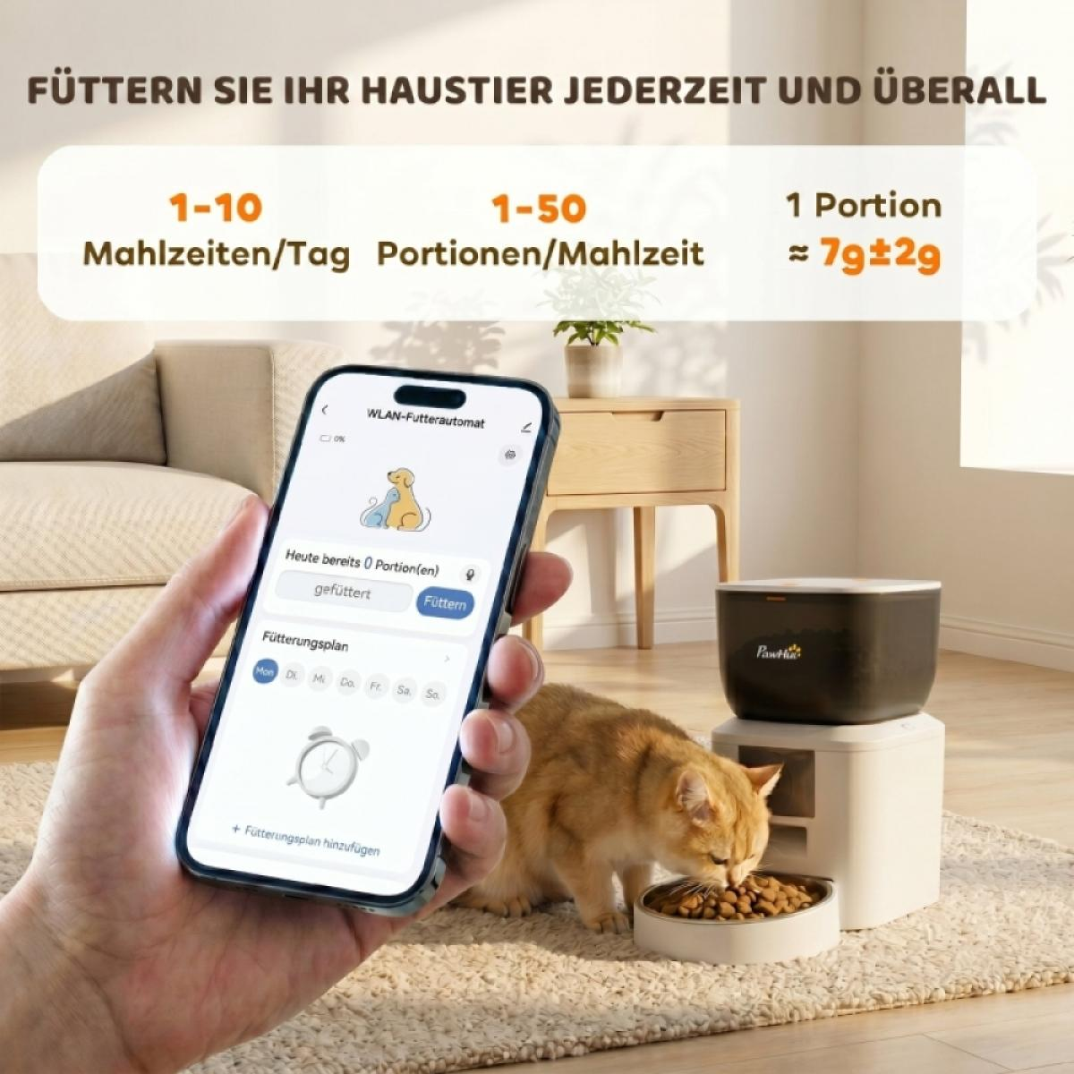 Hand hält Smartphone mit Haustier-Fütterungs-App, während eine Katze aus einem automatischen Spender frisst.