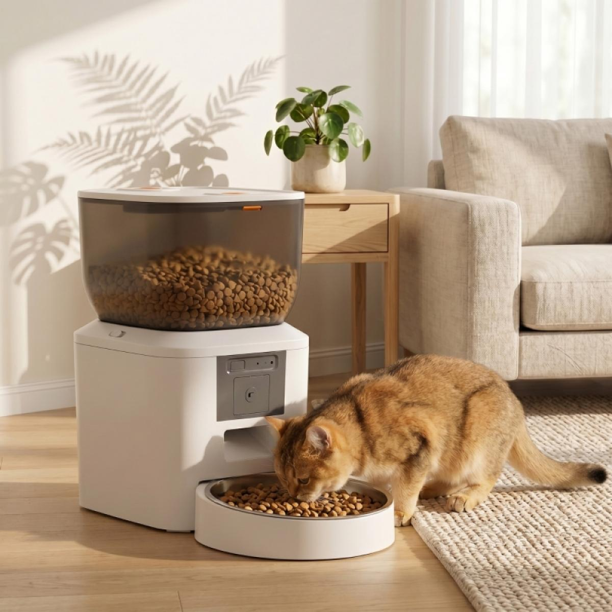 Eine golden gestreifte Katze frisst aus einer automatischen Futterstation im Wohnzimmer.