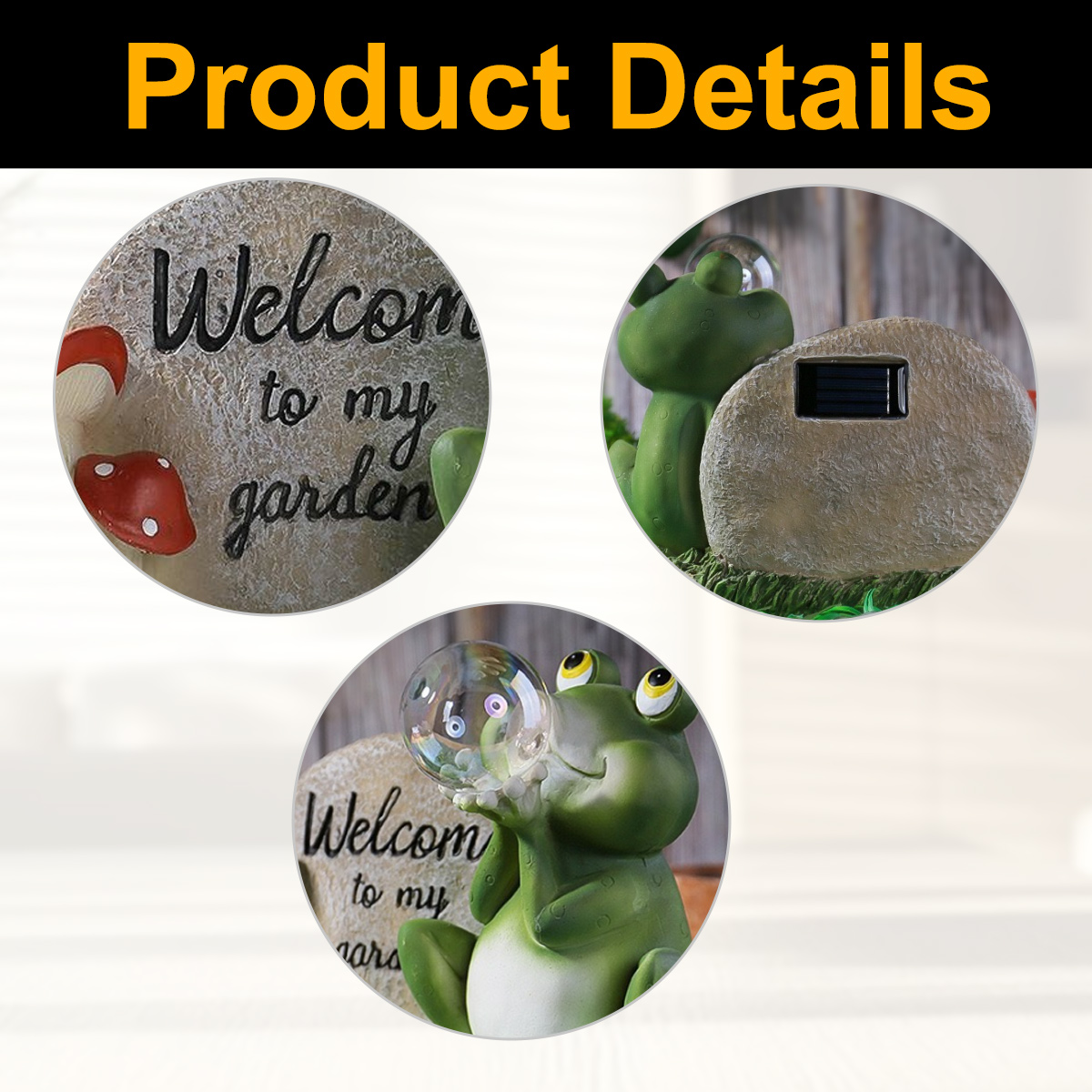 Frosch-Gartenfigur mit Willkommensschild, Solarpanel und Glaskugel.