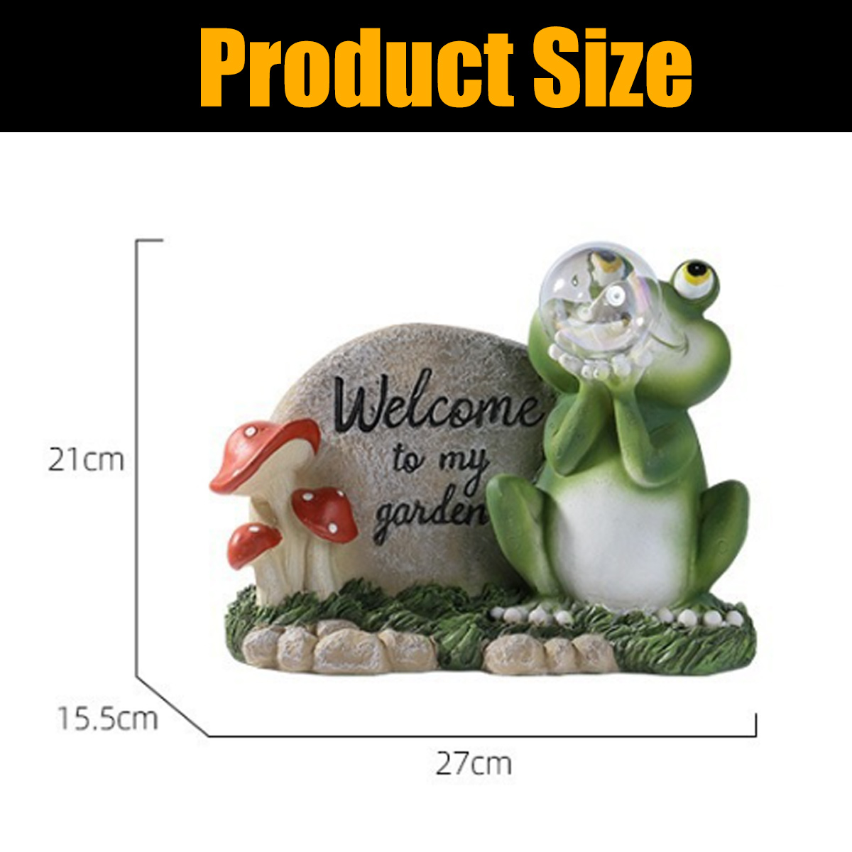 Produktgröße: 21cm Höhe, 27cm Breite, 15,5cm Tiefe. Gartenfigur mit Frosch, Stein und Pilzen.