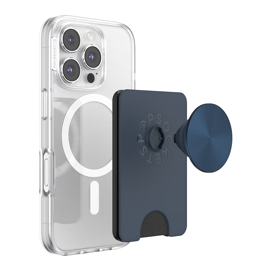 Funda transparente con billetera MagSafe azul y soporte PopSocket adheridos sobre fondo blanco.