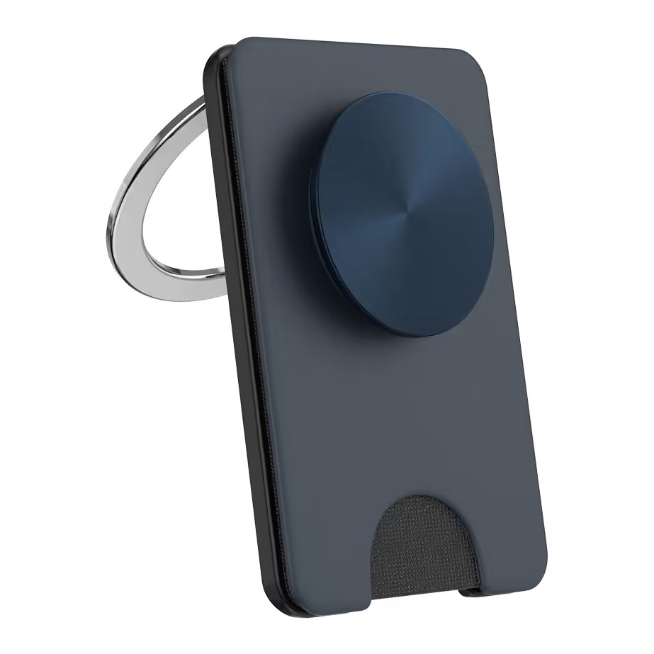 Tarjetero Magsafe gris oscuro con pop socket circular azul y anillo plateado en la parte posterior sobre fondo blanco.