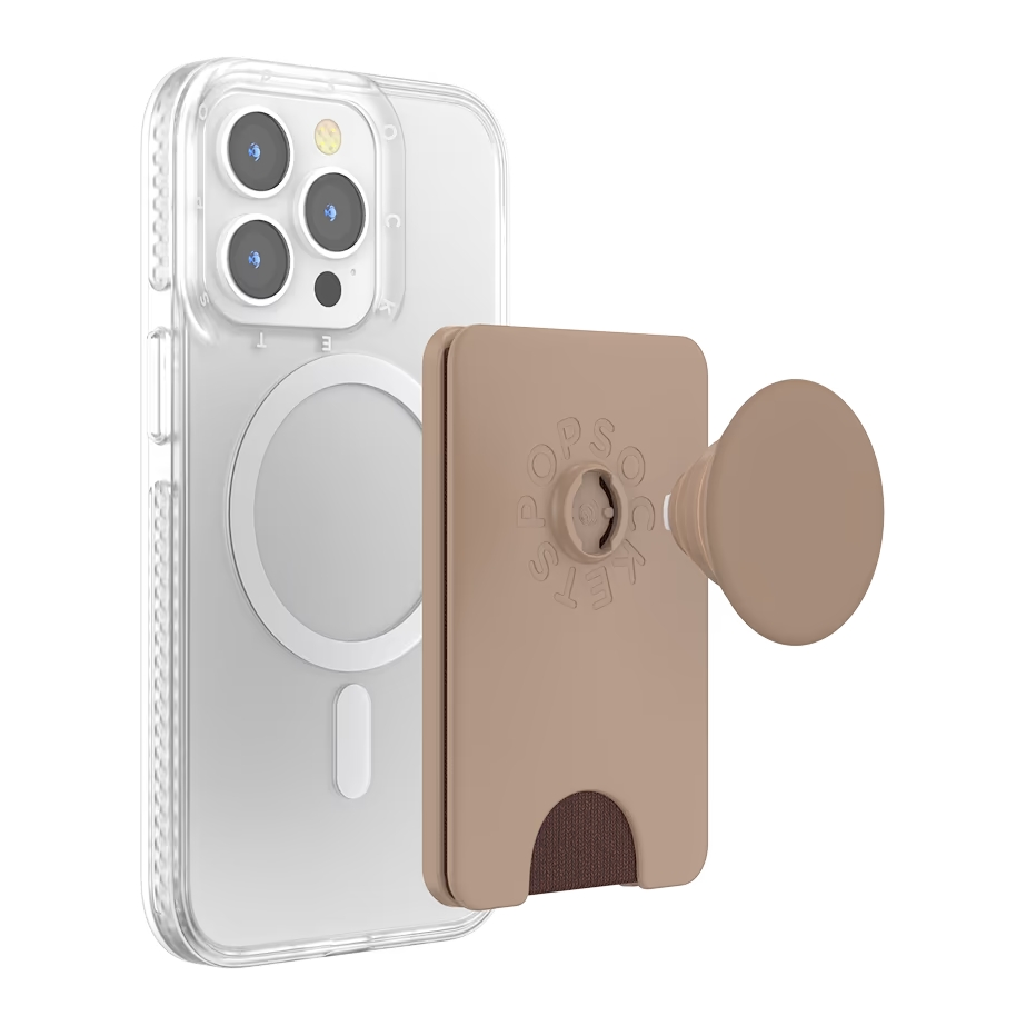Fund transparente para iPhone con tarjetero magnético y soporte PopSocket beige sobre fondo blanco.