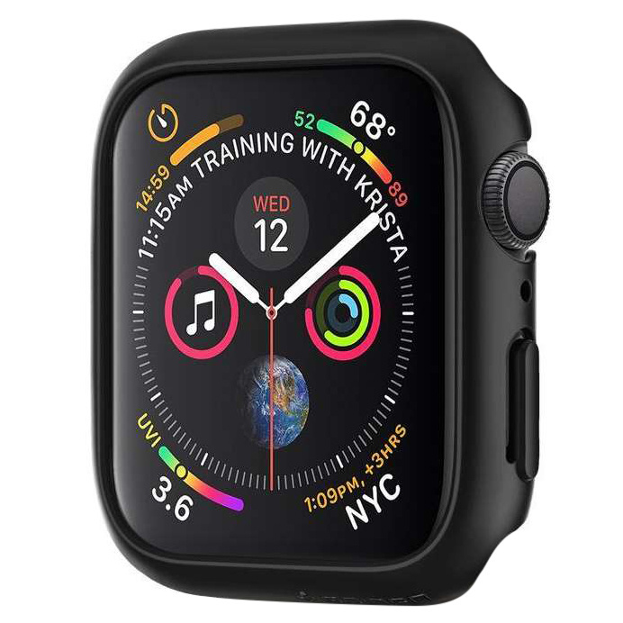 Czarny smartwatch z kolorową tarczą zegarka pokazującą godzinę, datę i krążki aktywności.