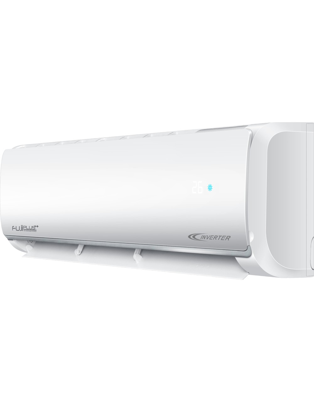Duvar üzerinde dijital ekranlı beyaz bir Fujiplus inverter klima.