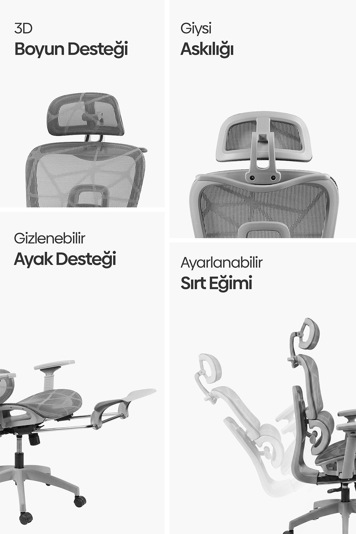 Dört panel ofis sandalyesi özelliklerini gösteriyor: 3D boyun desteği, giysi askılığı, gizlenebilir ayak desteği ve sırt eğimi.