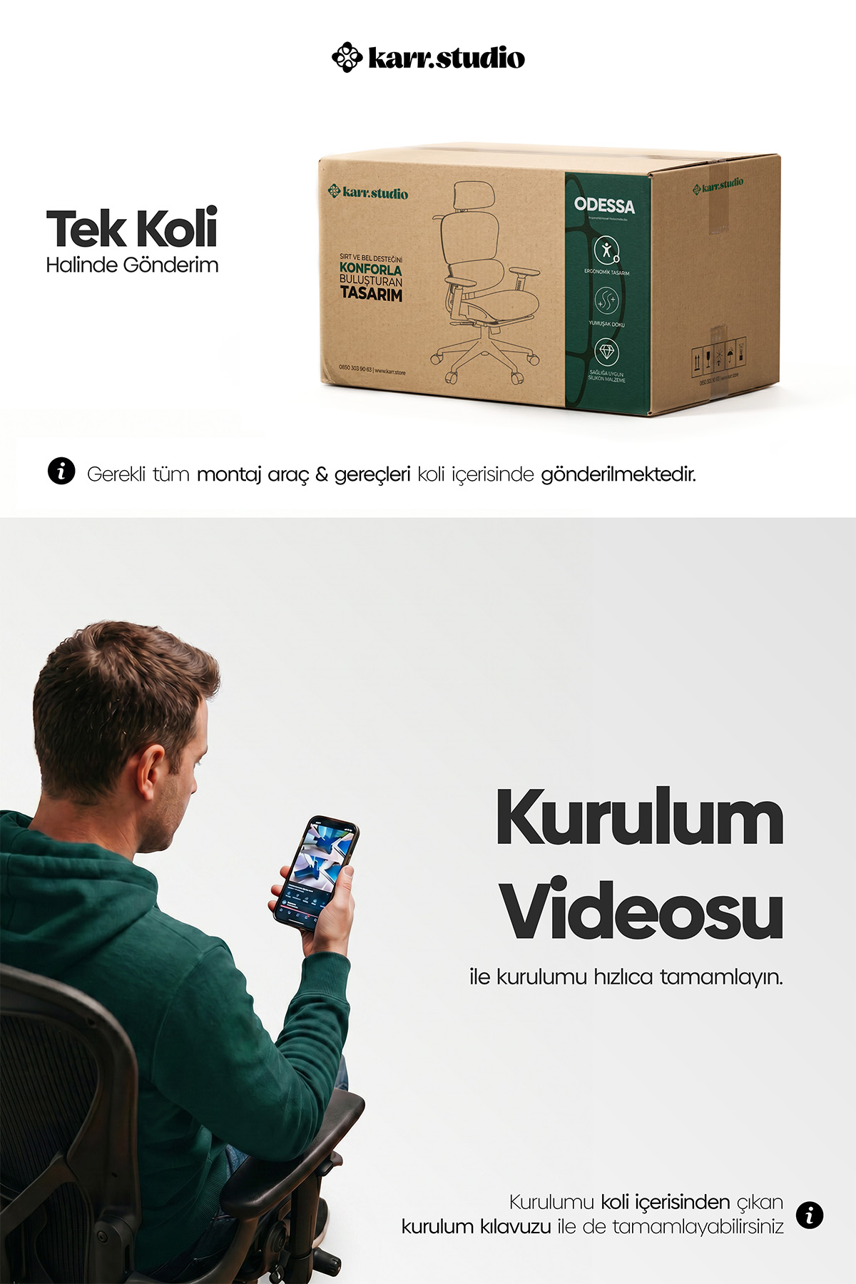 Bir sandalye kutusu ve akıllı telefonda kurulum videosu izleyen bir adam.