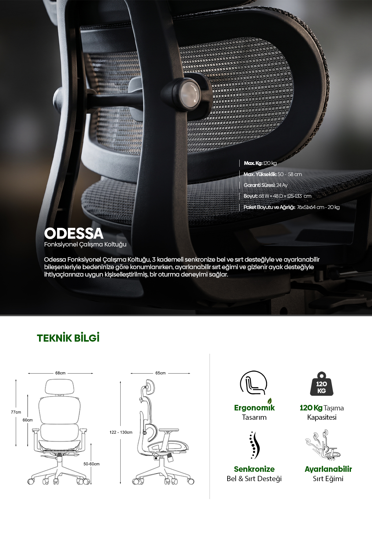 Odessa fonksiyonel çalışma koltuğu teknik özellikleri, ölçüleri ve ergonomik tasarımı.