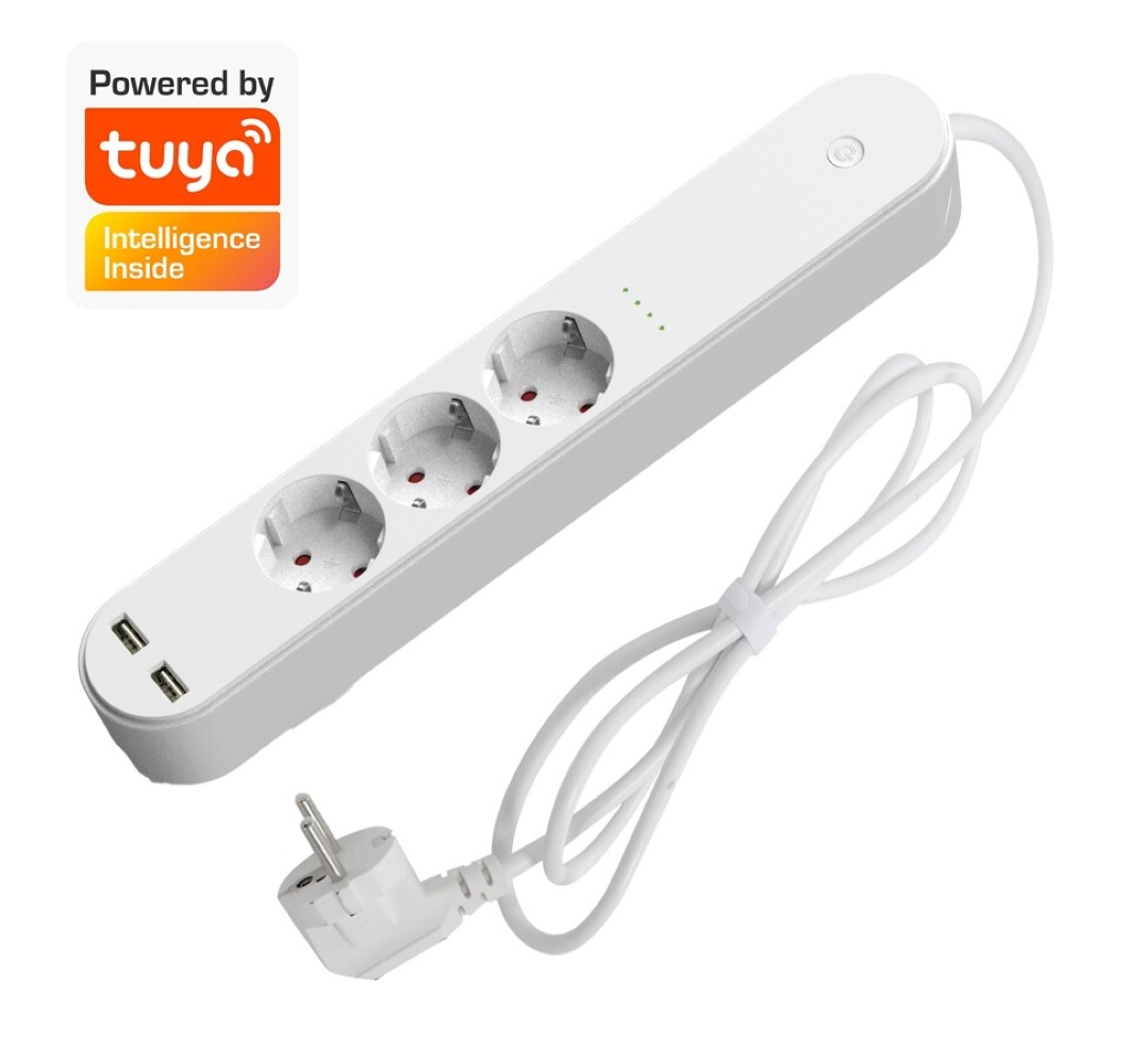 Biała listwa zasilająca z trzema gniazdami, dwoma portami USB i przewodem z wtyczką.