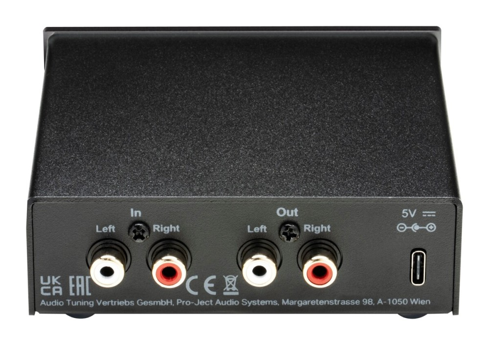 Tylny panel czarnego urządzenia audio z wejściami, wyjściami RCA i portem USB-C.