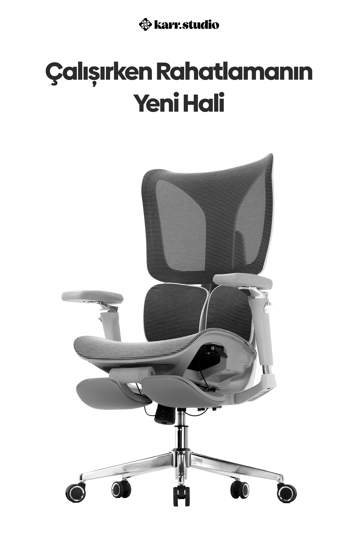 Beyaz arkaplanda file sırtlı ve tekerlekli krom ayaklı ergonomik ofis koltuğu.