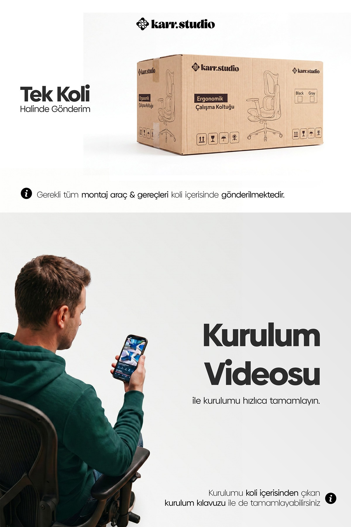 Sandalye görselli bir karton kutu ve akıllı telefondan kurulum videosu izleyen bir kişi.