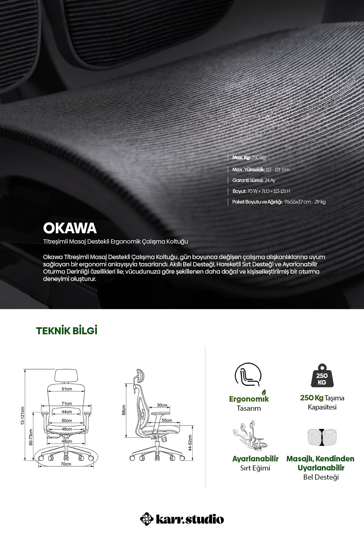 Ölçüleri, özellikleri ve marka logosu ile ergonomik ofis koltuğu ürün görseli.