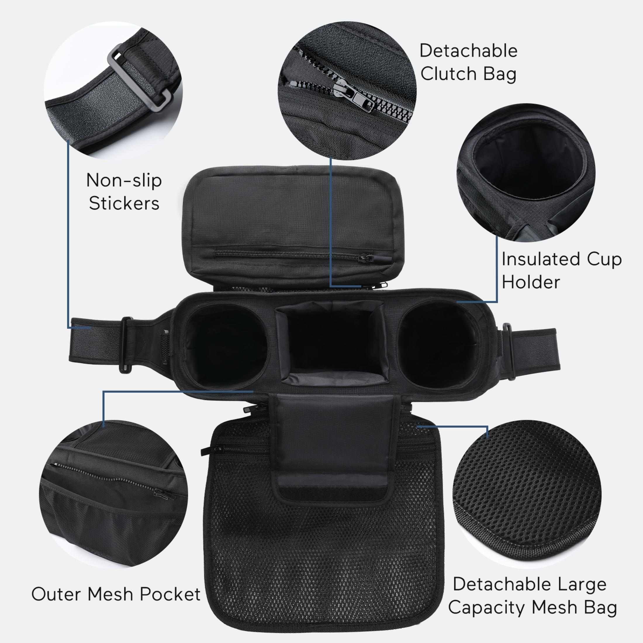 Organisateur de poussette noir avec autocollants antidérapants, sac amovible et porte-gobelets isothermes.
