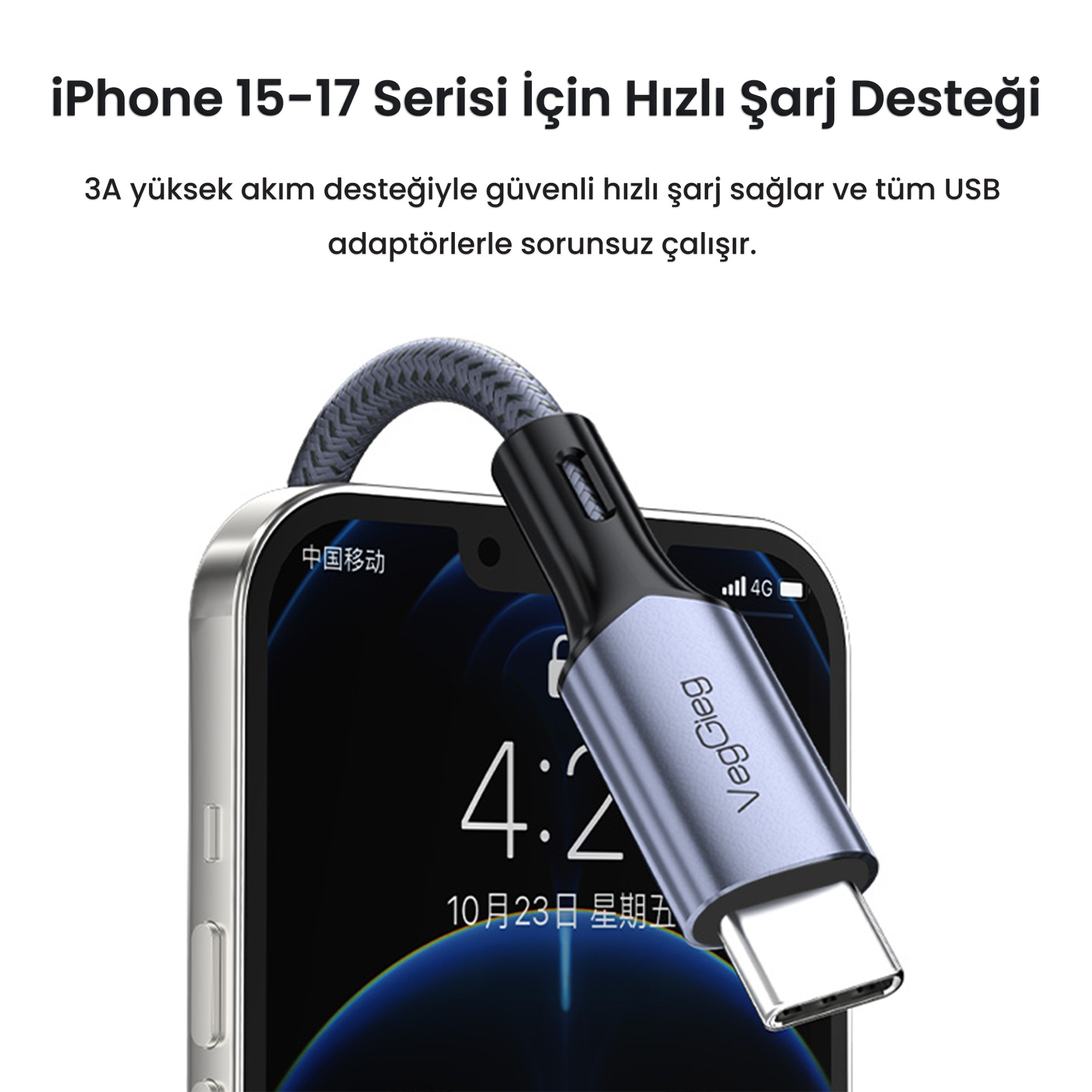 iPhone 15-17 için hızlı şarj desteği sunan örgülü kablo ve akıllı telefon görseli.