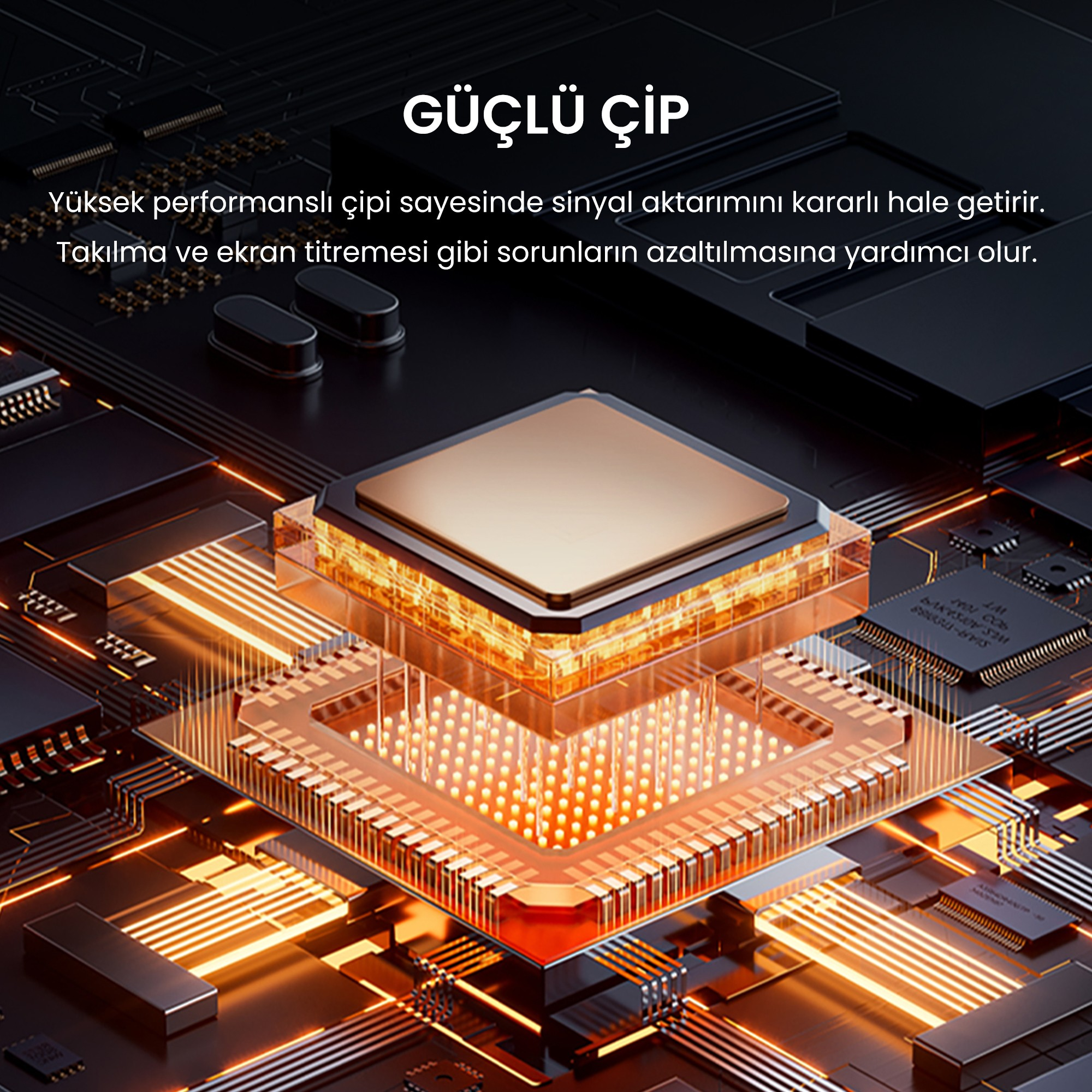Parlak turuncu ışık çizgileriyle karanlık devre kartında altın renkli mikroçip.