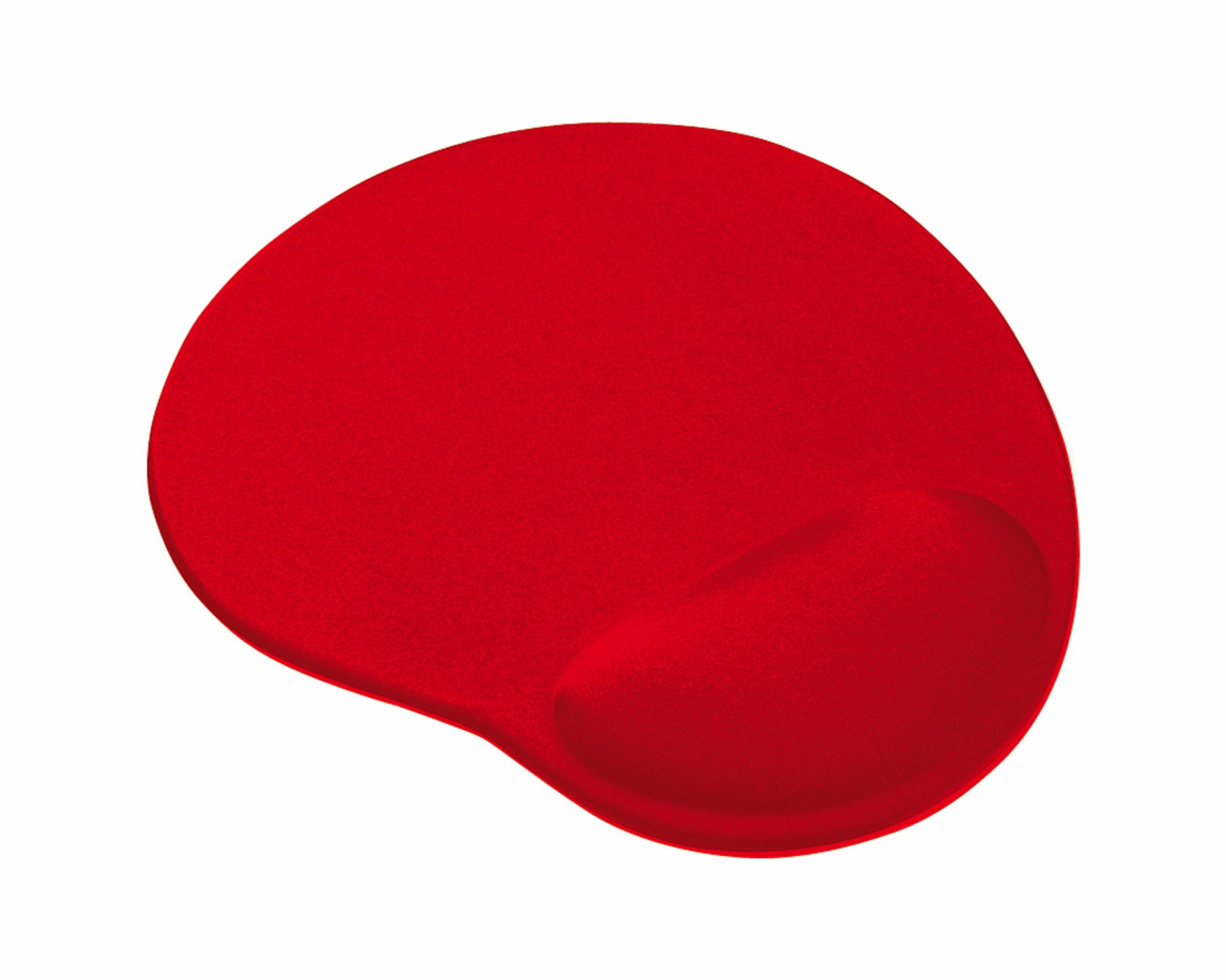 Un tapis de souris ergonomique rouge avec repose-poignet intégré sur fond blanc.