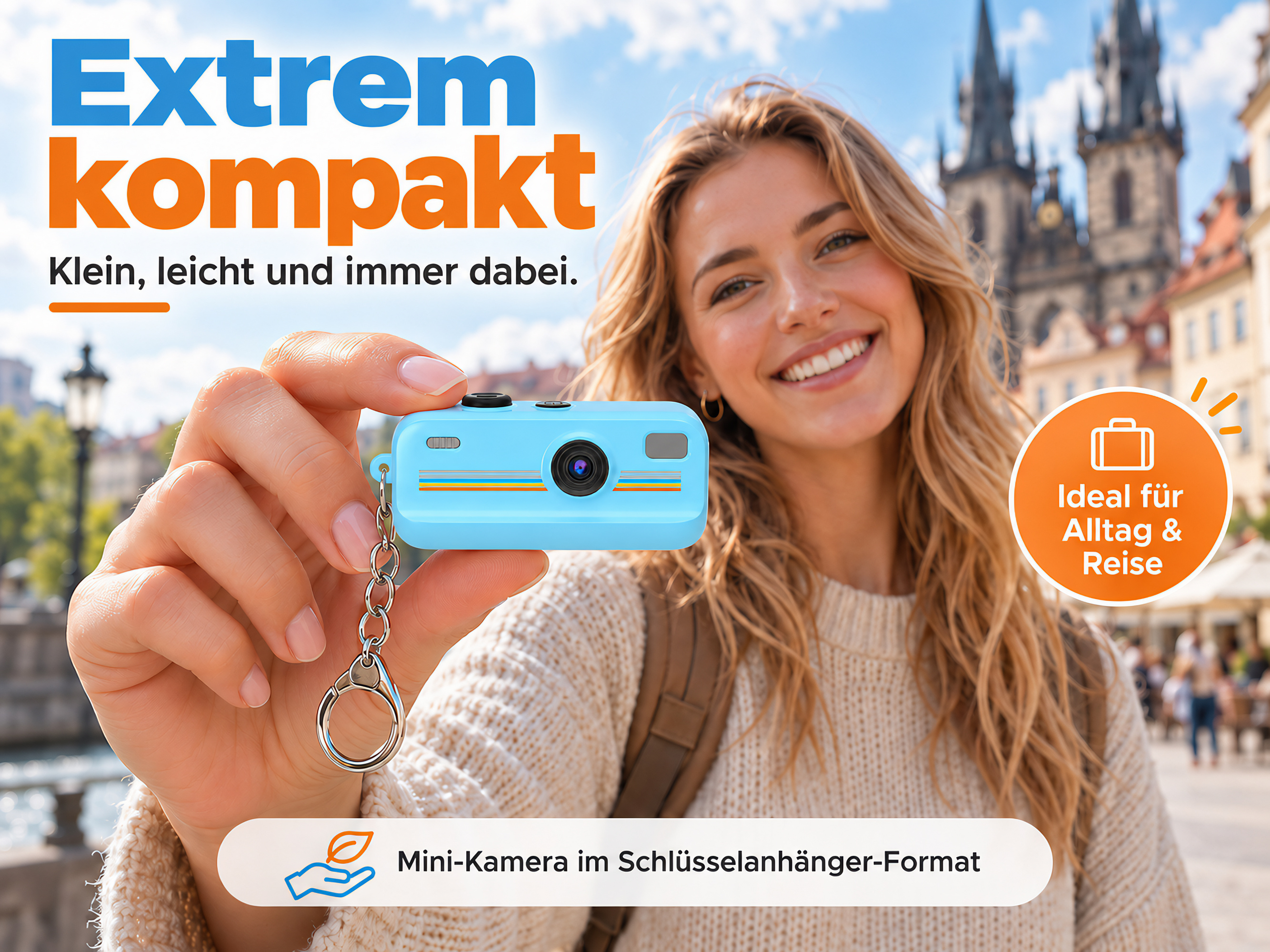 Eine lächelnde Frau hält eine hellblaue Mini-Kamera als Schlüsselanhänger im Freien.