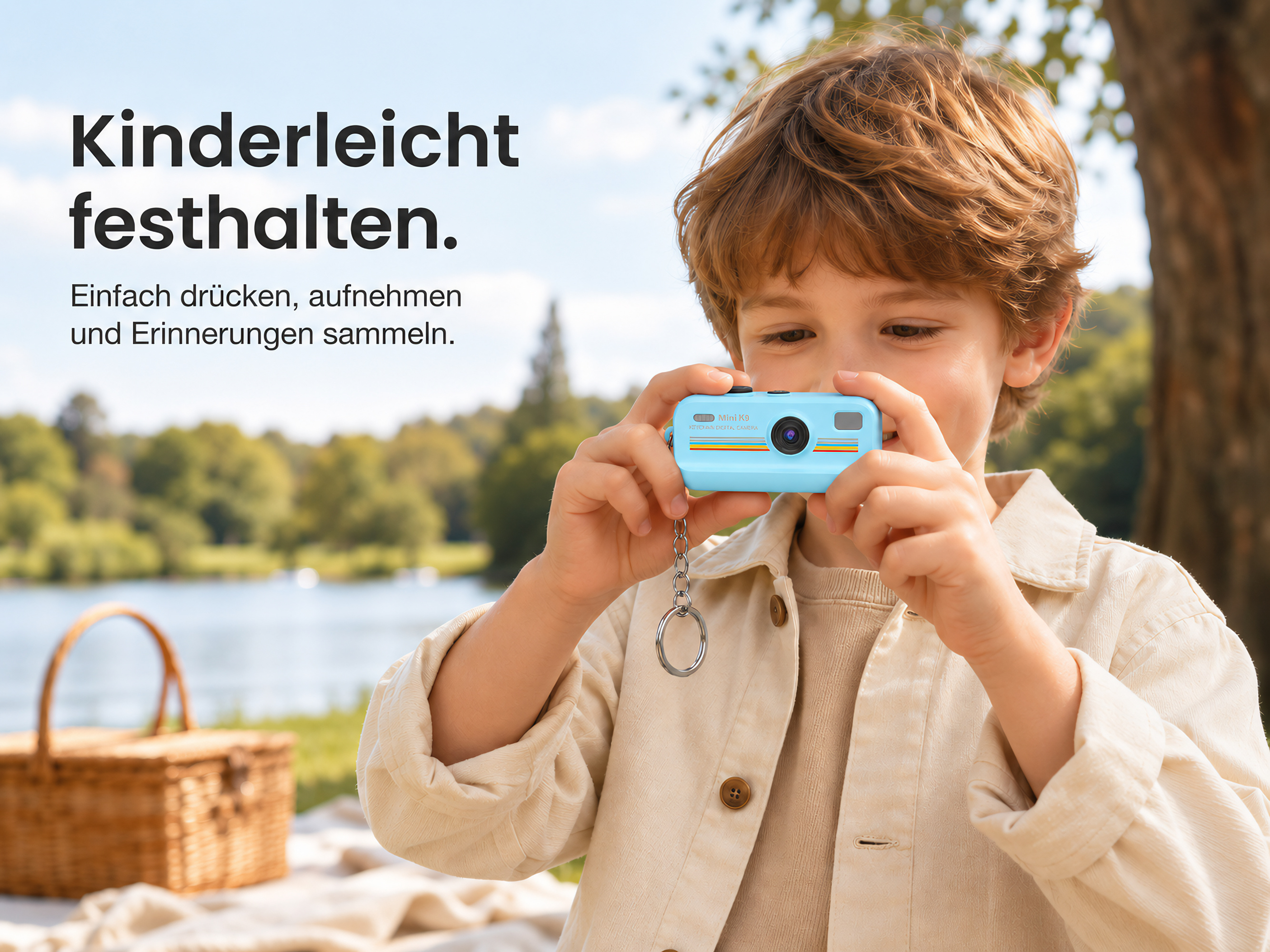 Ein Junge hält eine kleine blaue Kinderkamera in den Händen, draußen im Park mit einem Picknickkorb im Hintergrund.