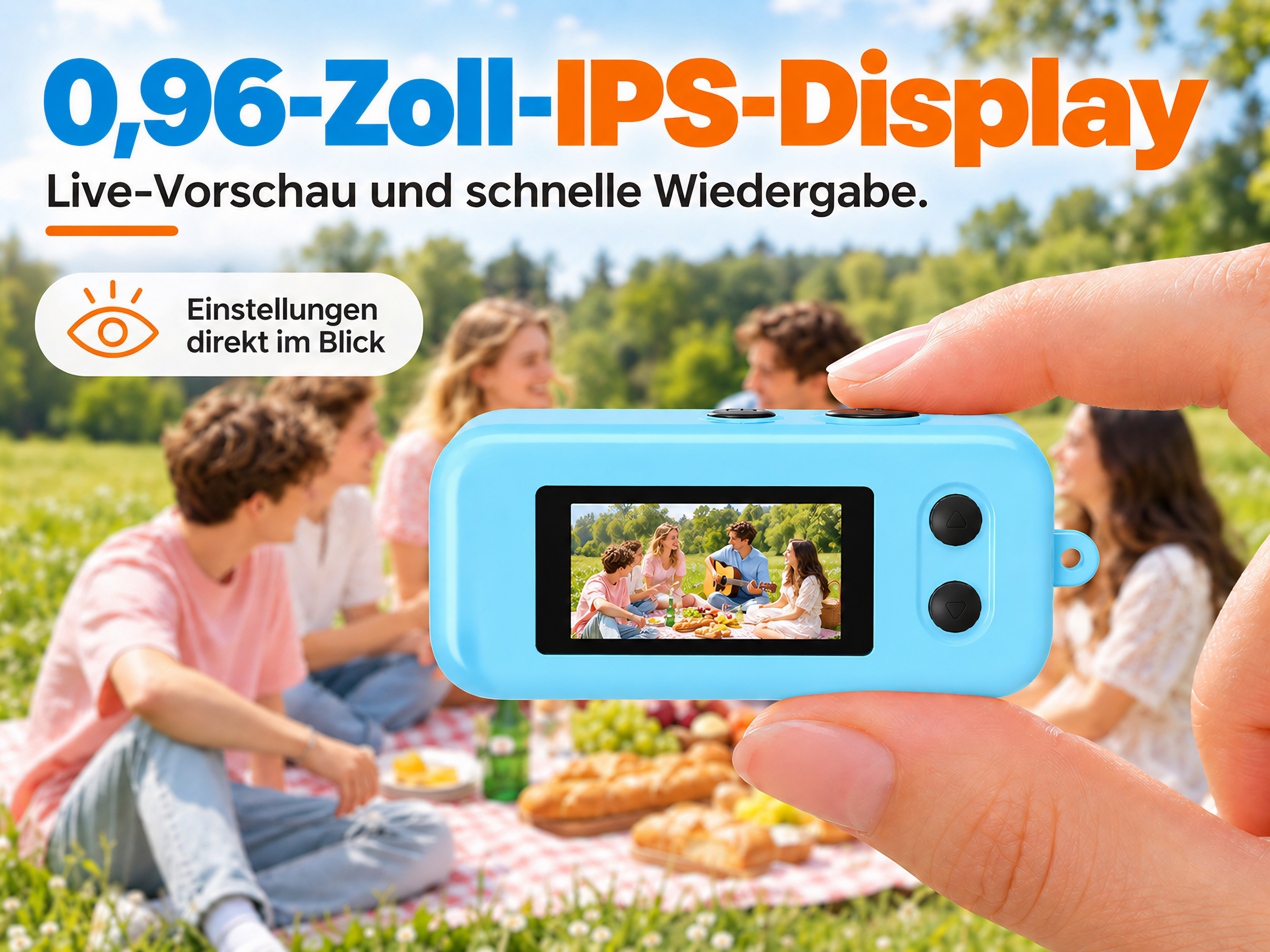 Eine Hand hält eine blaue Mini-Kamera mit Picknick-Szene auf dem Display, im Hintergrund picknickende Leute.