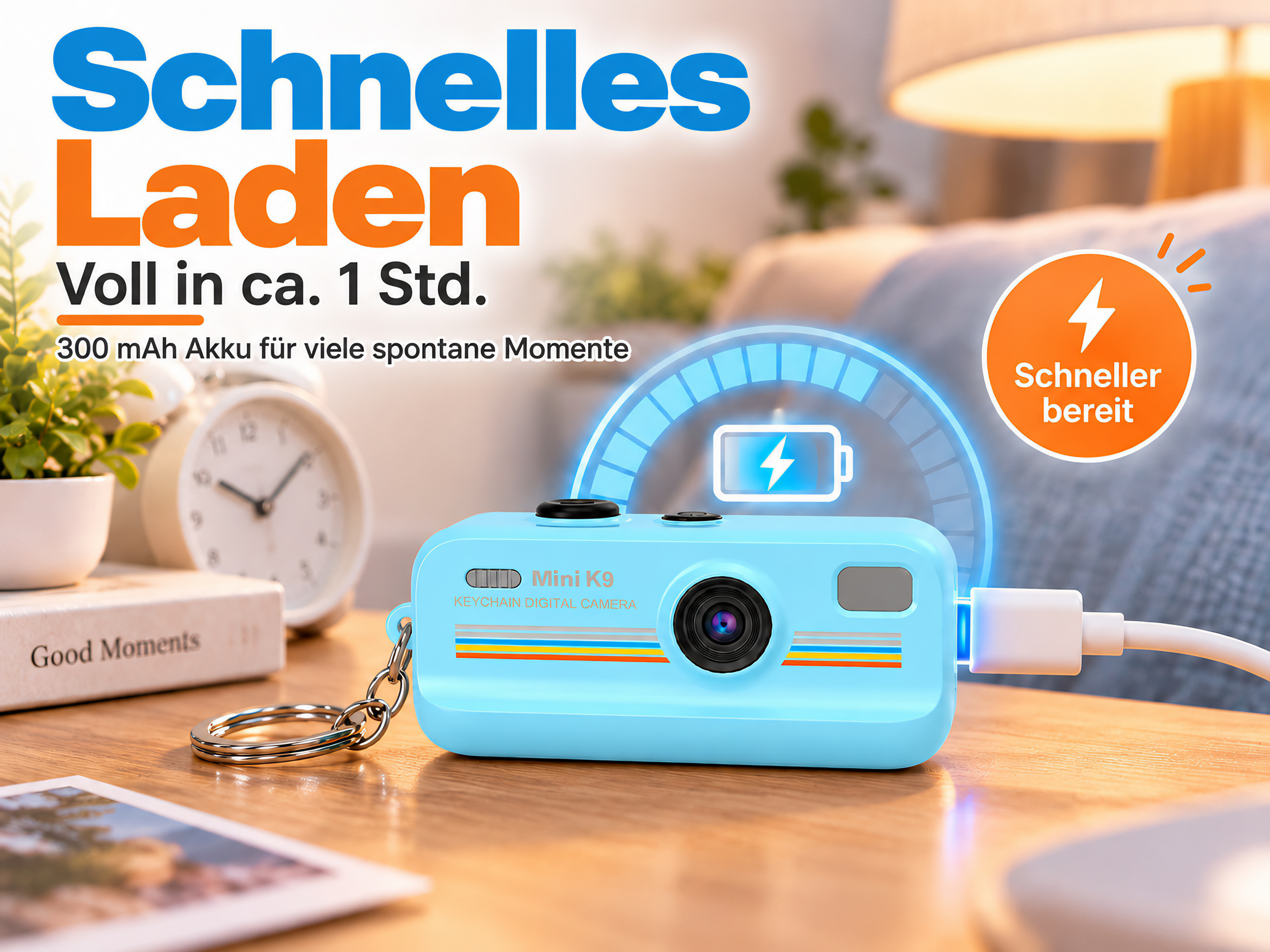 Eine hellblaue Mini-K9-Schlüsselanhänger-Digitalkamera auf einem Holztisch, an ein Ladegerät angeschlossen.