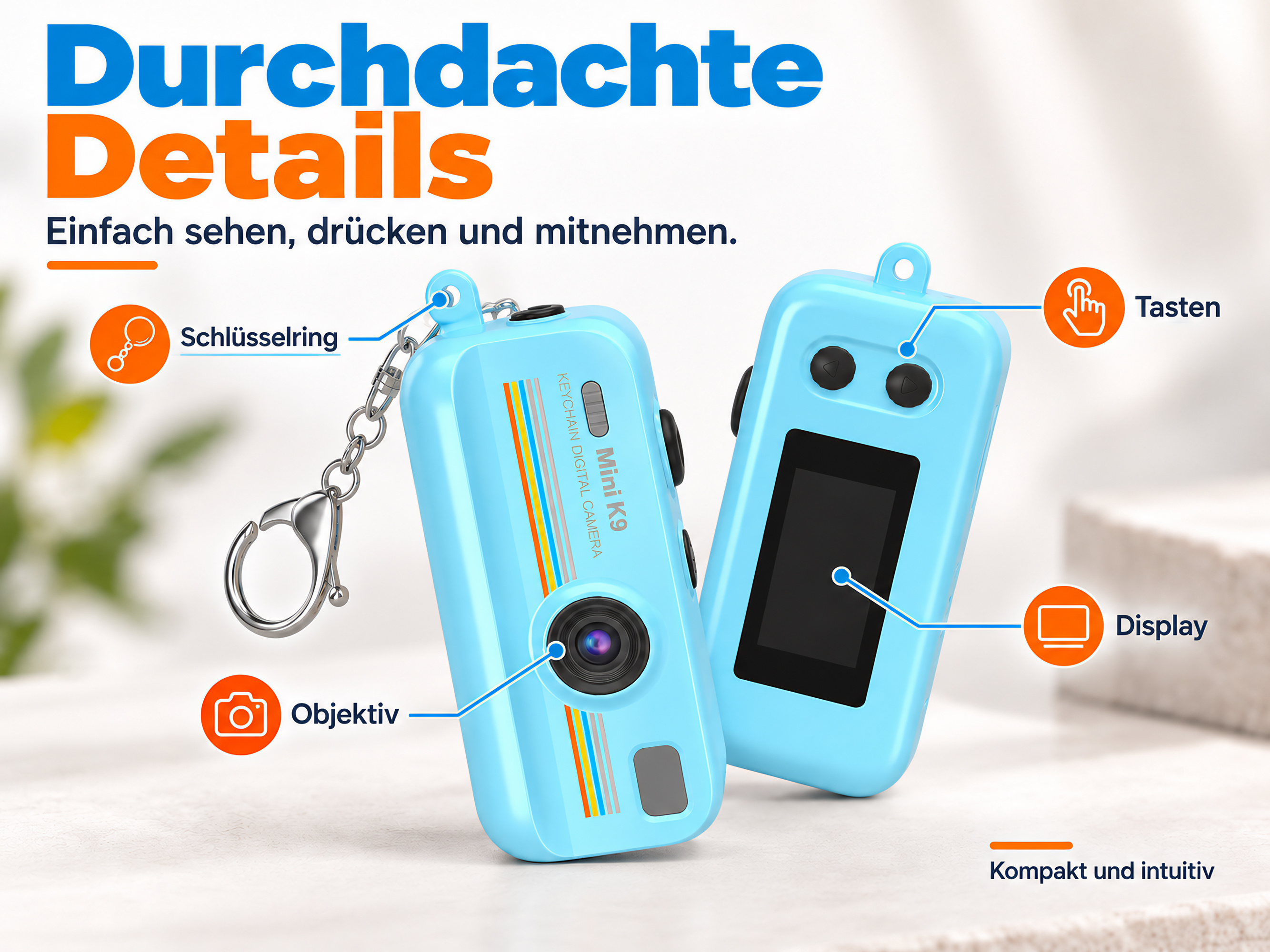Blaue Mini-Digitalkamera mit Schlüsselring, Objektiv, Tasten und Display, präsentiert mit deutschen Infotexten.