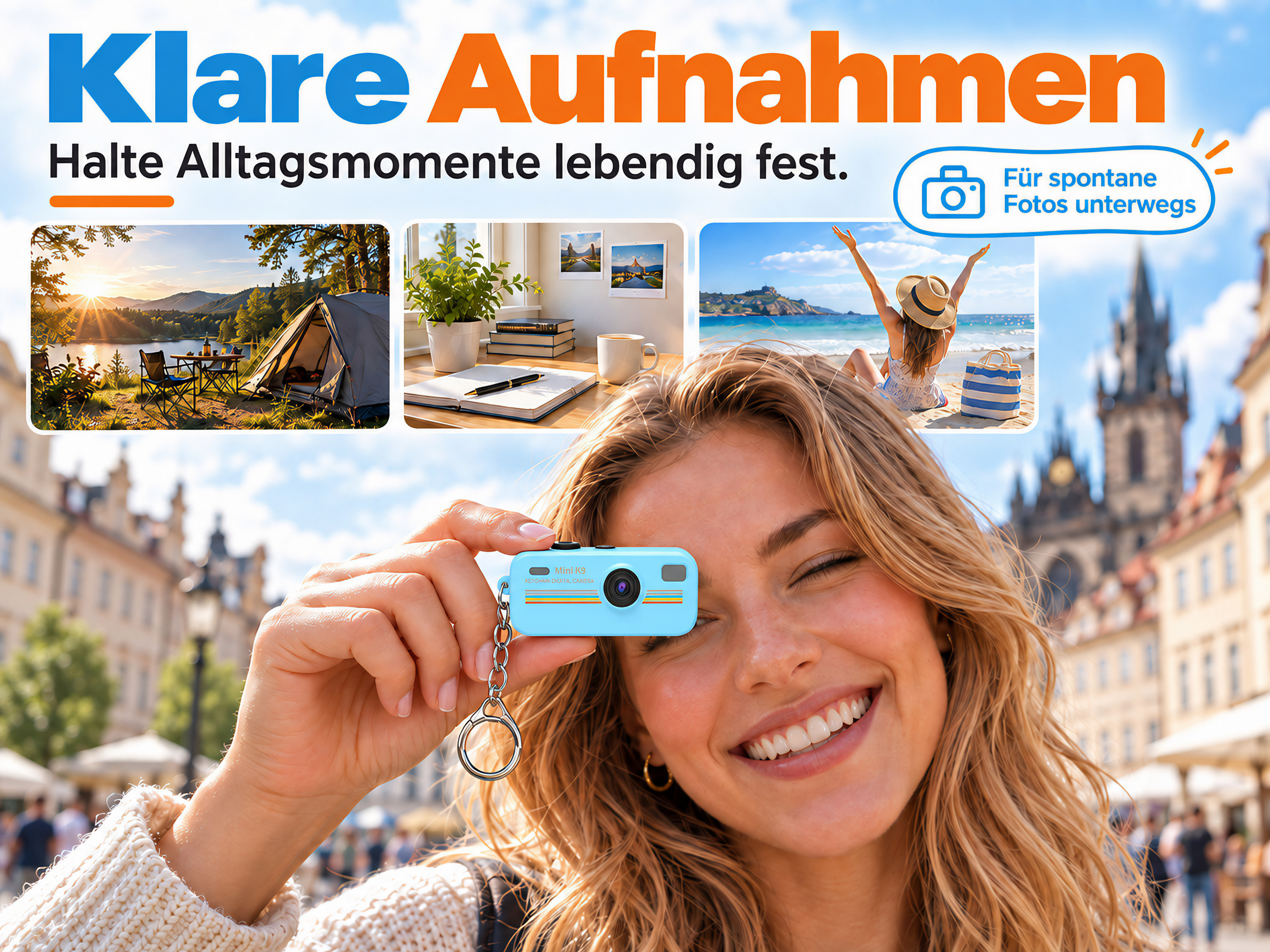 Eine Frau hält eine kleine blaue Kamera vor ihr Auge, im Hintergrund ist eine Stadt zu sehen.