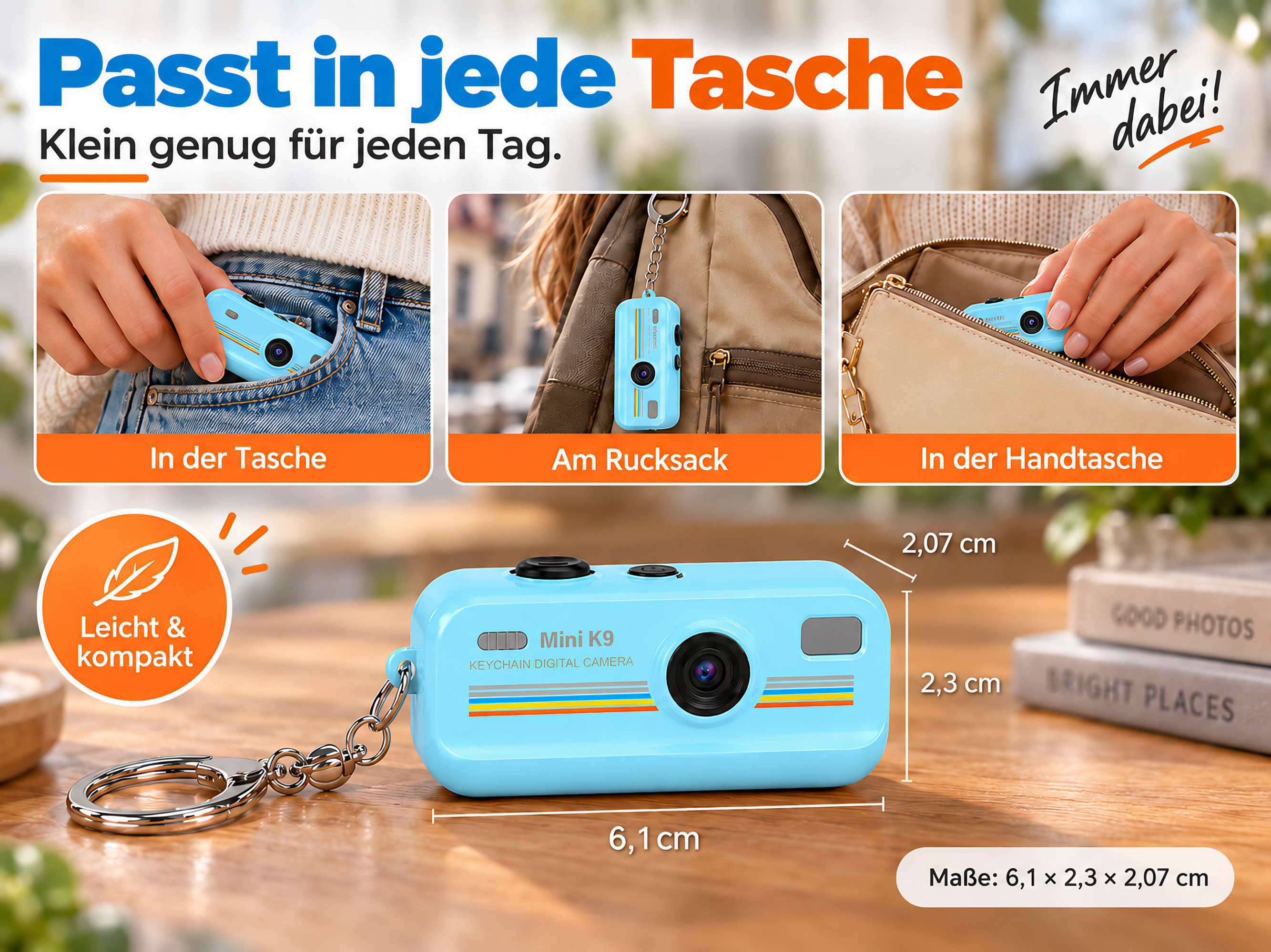 Blaue Mini K9 Digitalkamera als Schlüsselanhänger mit Maßangaben und Anwendungsbeispielen.