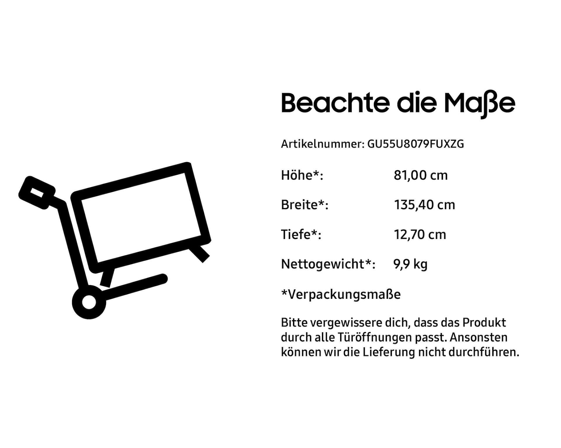 Grafica che mostra dimensioni del prodotto, peso e note di consegna.