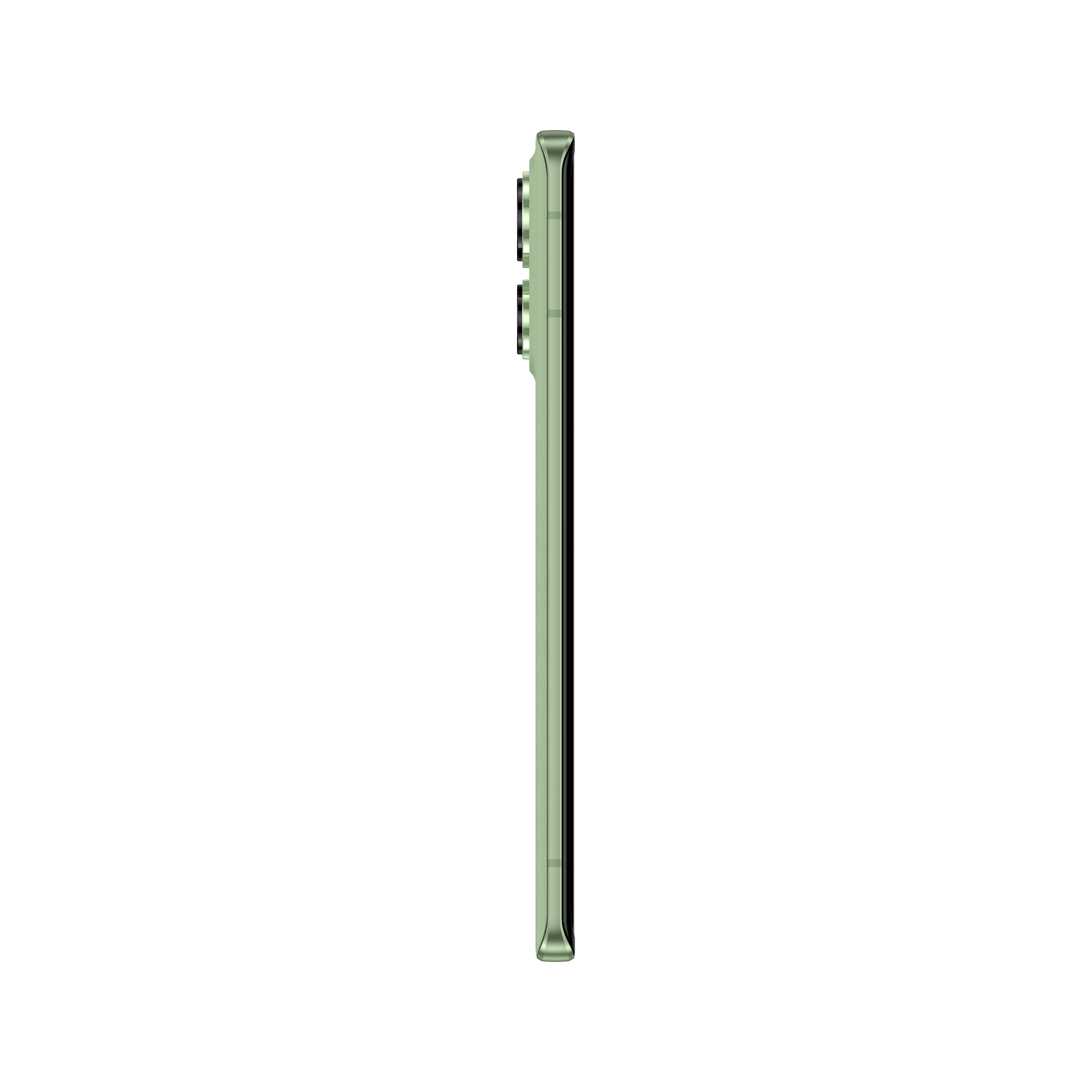 Vista lateral de un teléfono inteligente verde con lentes de cámara verticales sobre fondo blanco.